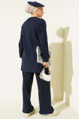 Bisiklet Yaka Fitilli Triko İkili Takım Lacivert - İkili Takım