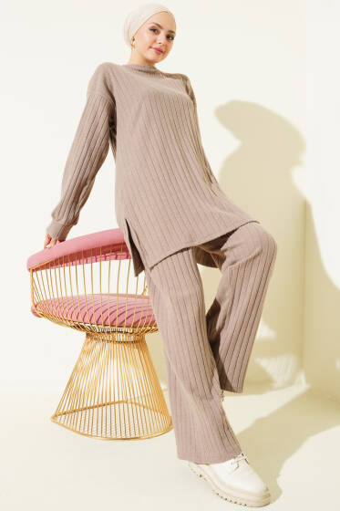 Bisiklet Yaka Fitilli Triko İkili Takım Latte - İkili Takım