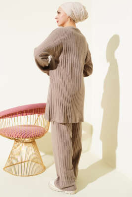 Bisiklet Yaka Fitilli Triko İkili Takım Latte - İkili Takım