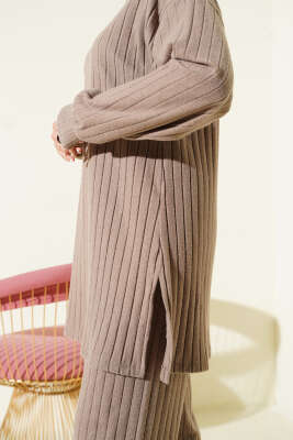 Bisiklet Yaka Fitilli Triko İkili Takım Latte - İkili Takım