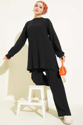 Bisiklet Yaka Fitilli Triko İkili Takım Siyah - NESSİA