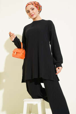 Bisiklet Yaka Fitilli Triko İkili Takım Siyah - İkili Takım