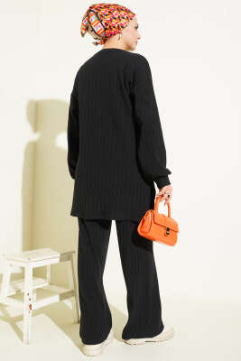 Bisiklet Yaka Fitilli Triko İkili Takım Siyah - İkili Takım