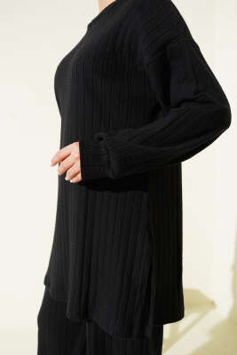 Bisiklet Yaka Fitilli Triko İkili Takım Siyah - İkili Takım