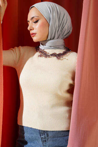 Bisiklet Yaka Fitilli Triko Kazak Bej - Triko Kazak