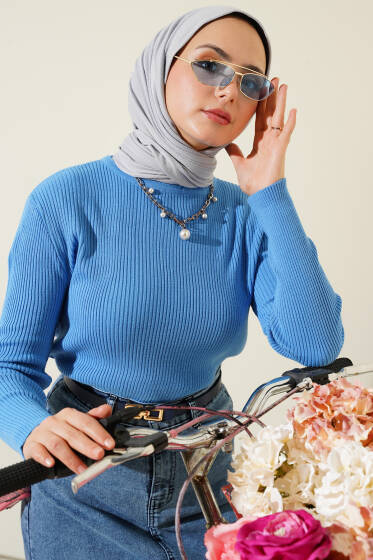 Bisiklet Yaka Fitilli Triko Kazak İndigo - Triko Kazak