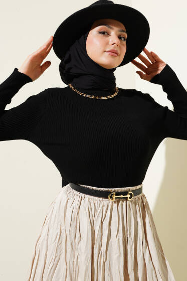 Bisiklet Yaka Fitilli Triko Kazak Siyah - Triko Kazak