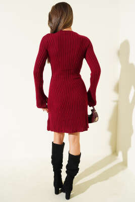 Bisiklet Yaka Fitilli Triko Kısa Elbise Bordo - Kadın Giyim Modelleri