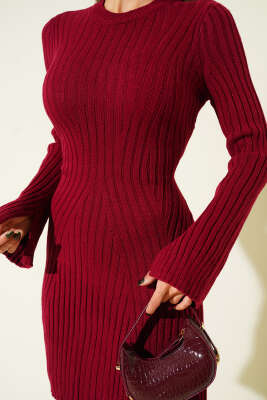 Bisiklet Yaka Fitilli Triko Kısa Elbise Bordo - Kadın Giyim Modelleri