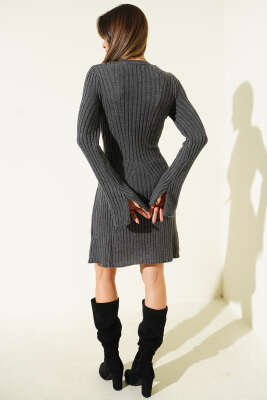 Bisiklet Yaka Fitilli Triko Kısa Elbise Füme - Kadın Giyim Modelleri