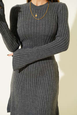 Bisiklet Yaka Fitilli Triko Kısa Elbise Füme - Kadın Giyim Modelleri