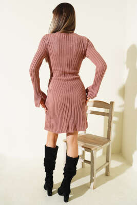 Bisiklet Yaka Fitilli Triko Kısa Elbise Gül Kurusu - Kadın Giyim Modelleri