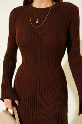 Bisiklet Yaka Fitilli Triko Kısa Elbise Kahve - Kadın Giyim Modelleri