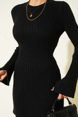 Bisiklet Yaka Fitilli Triko Kısa Elbise Siyah - Kadın Giyim Modelleri