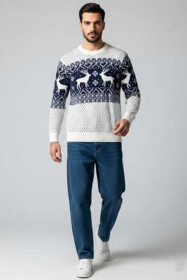 Bisiklet Yaka Geyikli Erkek Triko Kazak Beyaz Lacivert - Yeni Erkek Giyim