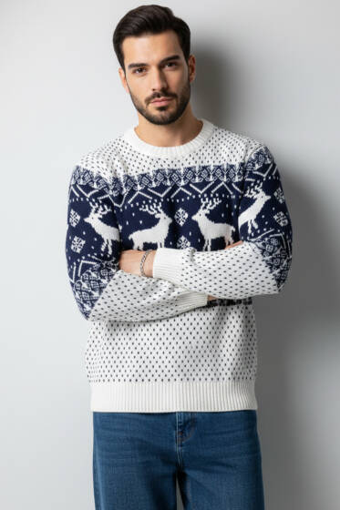 Bisiklet Yaka Geyikli Erkek Triko Kazak Beyaz Lacivert - Yeni Erkek Giyim