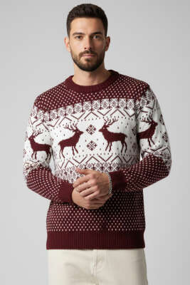 Bisiklet Yaka Geyikli Erkek Triko Kazak Bordo - BEKTAŞ