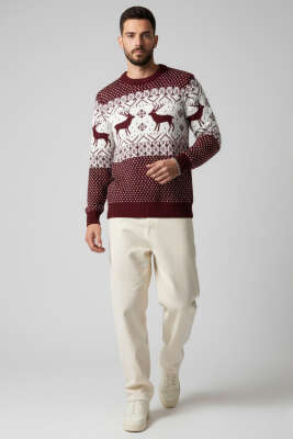 Bisiklet Yaka Geyikli Erkek Triko Kazak Bordo - Yeni Erkek Giyim