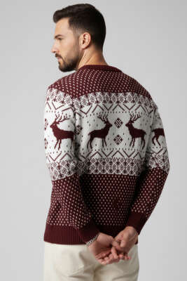 Bisiklet Yaka Geyikli Erkek Triko Kazak Bordo - Yeni Erkek Giyim