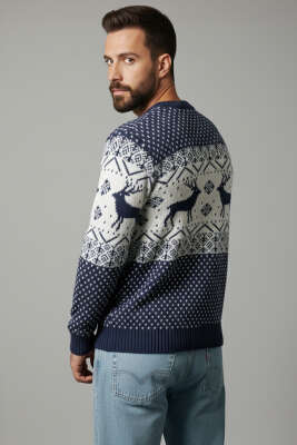 Bisiklet Yaka Geyikli Erkek Triko Kazak Lacivert - Erkek Kazak