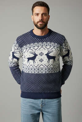 Bisiklet Yaka Geyikli Erkek Triko Kazak Lacivert - BEKTAŞ