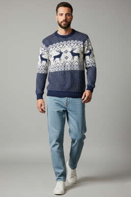 Bisiklet Yaka Geyikli Erkek Triko Kazak Lacivert - Yeni Erkek Giyim