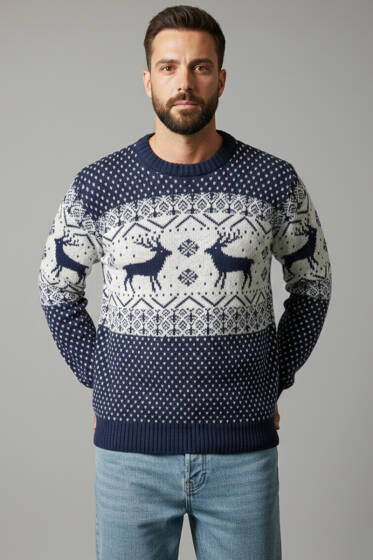 Bisiklet Yaka Geyikli Erkek Triko Kazak Lacivert - Yeni Erkek Giyim