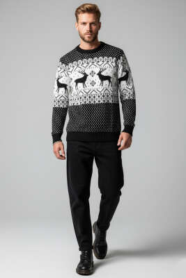 Bisiklet Yaka Geyikli Erkek Triko Kazak Siyah - Erkek Kazak