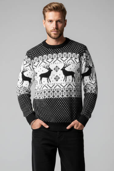 Bisiklet Yaka Geyikli Erkek Triko Kazak Siyah - Yeni Erkek Giyim