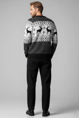 Bisiklet Yaka Geyikli Erkek Triko Kazak Siyah - Yeni Erkek Giyim