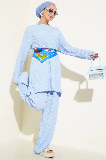 Bisiklet Yaka Gofre İkili Takım Bebe Mavi - İkili Takım