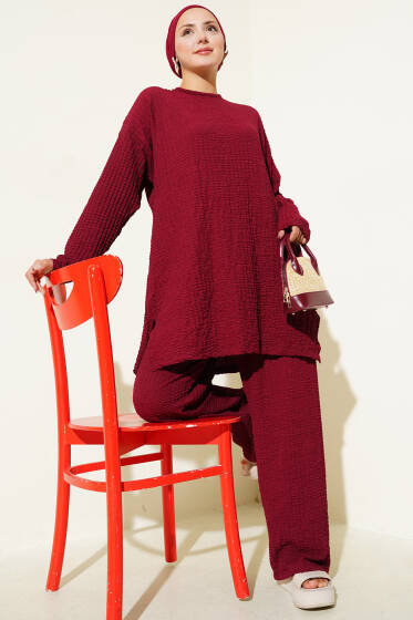 Bisiklet Yaka Gofre İkili Takım Bordo - İkili Takım