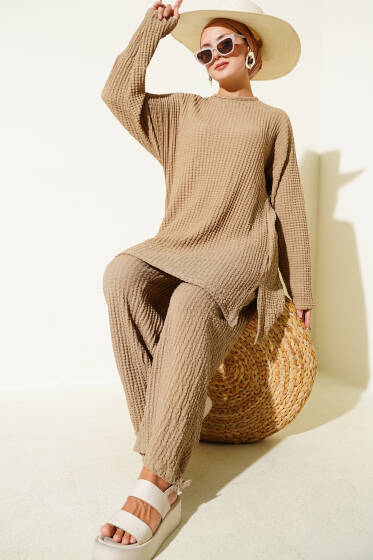 Bisiklet Yaka Gofre İkili Takım Camel - İkili Takım