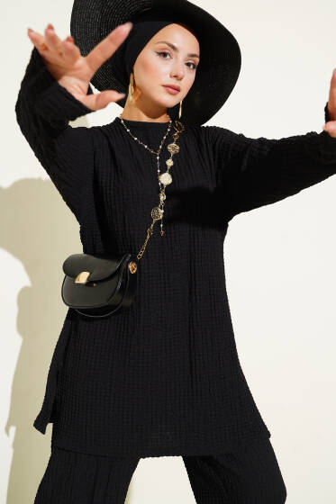 Bisiklet Yaka Gofre İkili Takım Siyah - İkili Takım