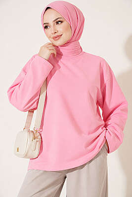 Bisiklet Yaka İki İplik Tunik Pembe 