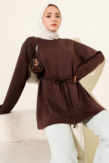 Bisiklet Yaka İp Kuşaklı Tunik Kahve - Tunik
