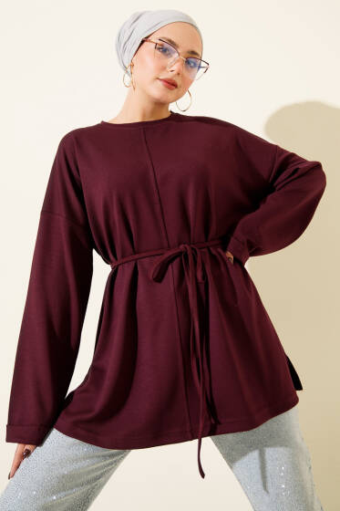 Bisiklet Yaka İp Kuşaklı Tunik Mürdüm - Tunik