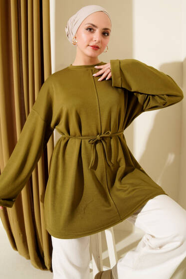Bisiklet Yaka İp Kuşaklı Tunik Yağ Yeşili - Tunik