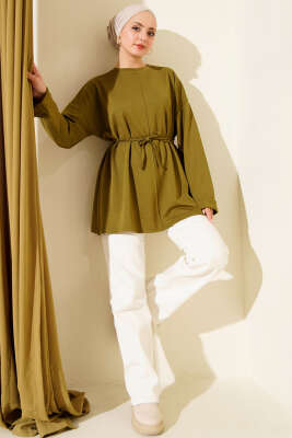 Bisiklet Yaka İp Kuşaklı Tunik Yağ Yeşili - Tunik