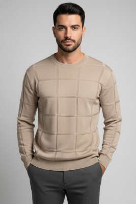 Bisiklet Yaka Kare Desenli Erkek Triko Kazak Bej 