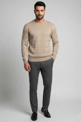 Bisiklet Yaka Kare Desenli Erkek Triko Kazak Bej - Erkek Kazak