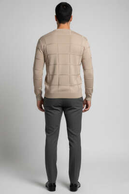 Bisiklet Yaka Kare Desenli Erkek Triko Kazak Bej - Erkek Kazak