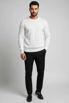 Bisiklet Yaka Kare Desenli Erkek Triko Kazak Beyaz - Erkek Kazak