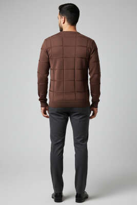 Bisiklet Yaka Kare Desenli Erkek Triko Kazak Kahve - Erkek Kazak