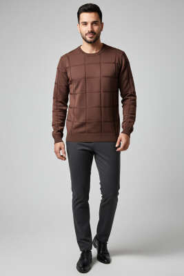 Bisiklet Yaka Kare Desenli Erkek Triko Kazak Kahve - Erkek Kazak