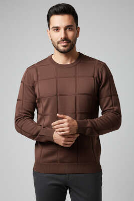 Bisiklet Yaka Kare Desenli Erkek Triko Kazak Kahve - Erkek Kazak