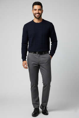 Bisiklet Yaka Kare Desenli Erkek Triko Kazak Lacivert - Erkek Kazak