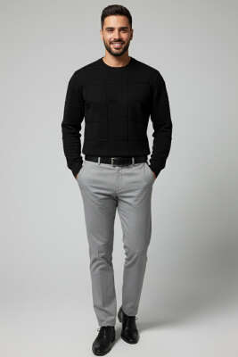 Bisiklet Yaka Kare Desenli Erkek Triko Kazak Siyah - Erkek Kazak