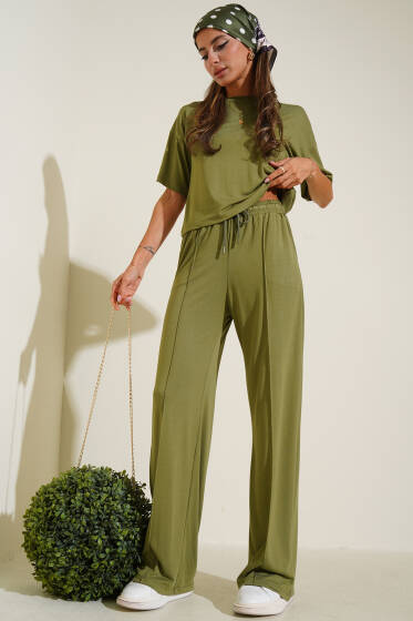 Bisiklet Yaka Kısa Kol İkili Takım Haki - Kadın Giyim Modelleri