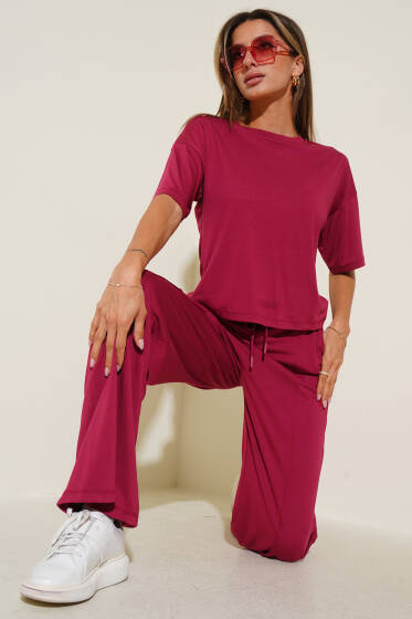 Bisiklet Yaka Kısa Kol İkili Takım Vişne - Kadın Giyim Modelleri